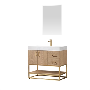 Pemberly Row 36&quot White Grain Stone Top Single Vanity with Mirror in Oak