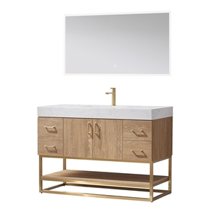 Pemberly Row 48&quot White Grain Stone Top Single Vanity with Mirror in Oak