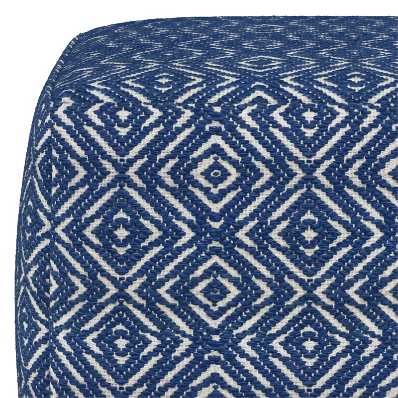 Pemberly Row Boho Square Pouf in Patterened Blue and Natural Cotton