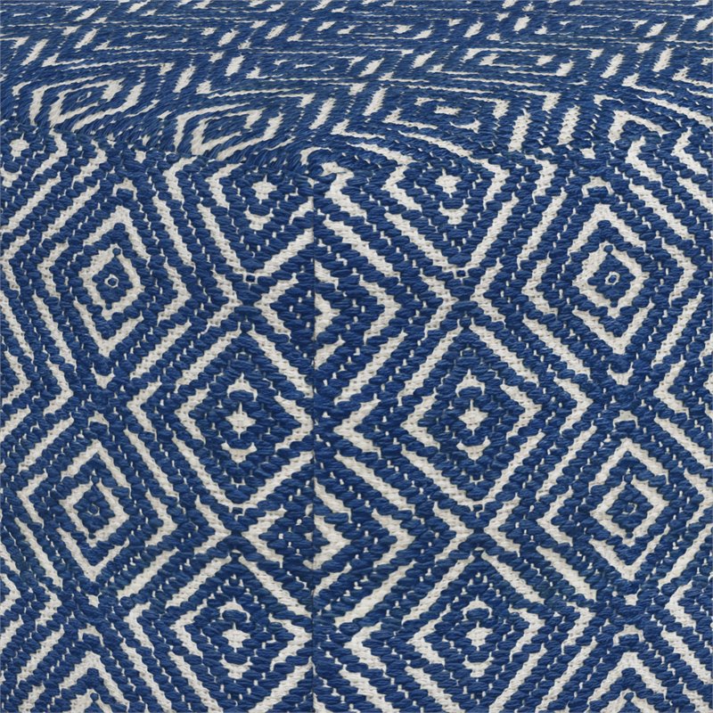 Pemberly Row Boho Square Pouf in Patterened Blue and Natural Cotton