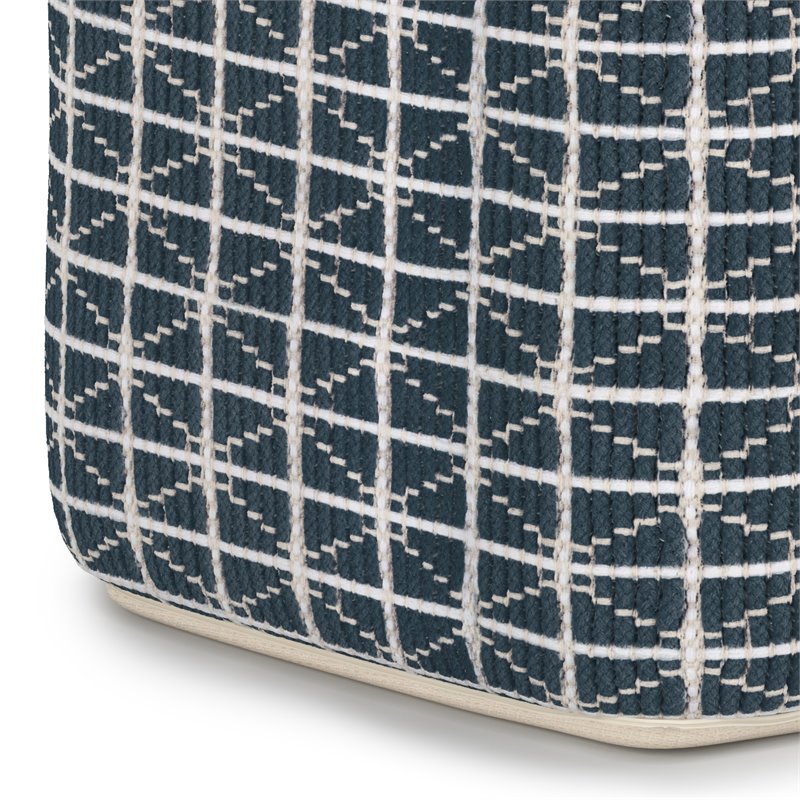 Pemberly Row Boho Square Pouf in Dark Blue and White Handloom Woven Pattern