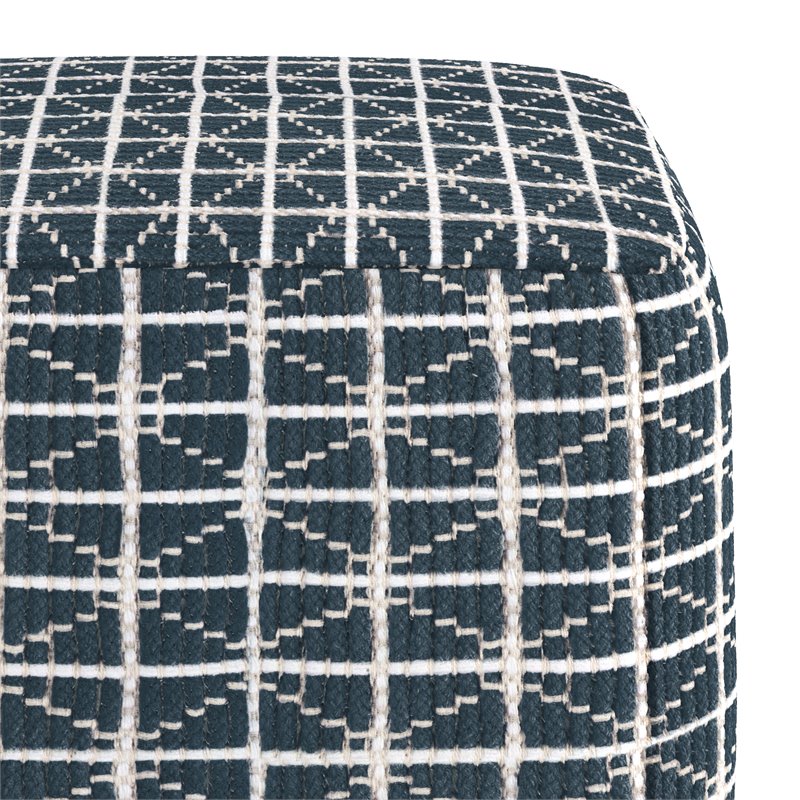 Pemberly Row Boho Square Pouf in Dark Blue and White Handloom Woven Pattern