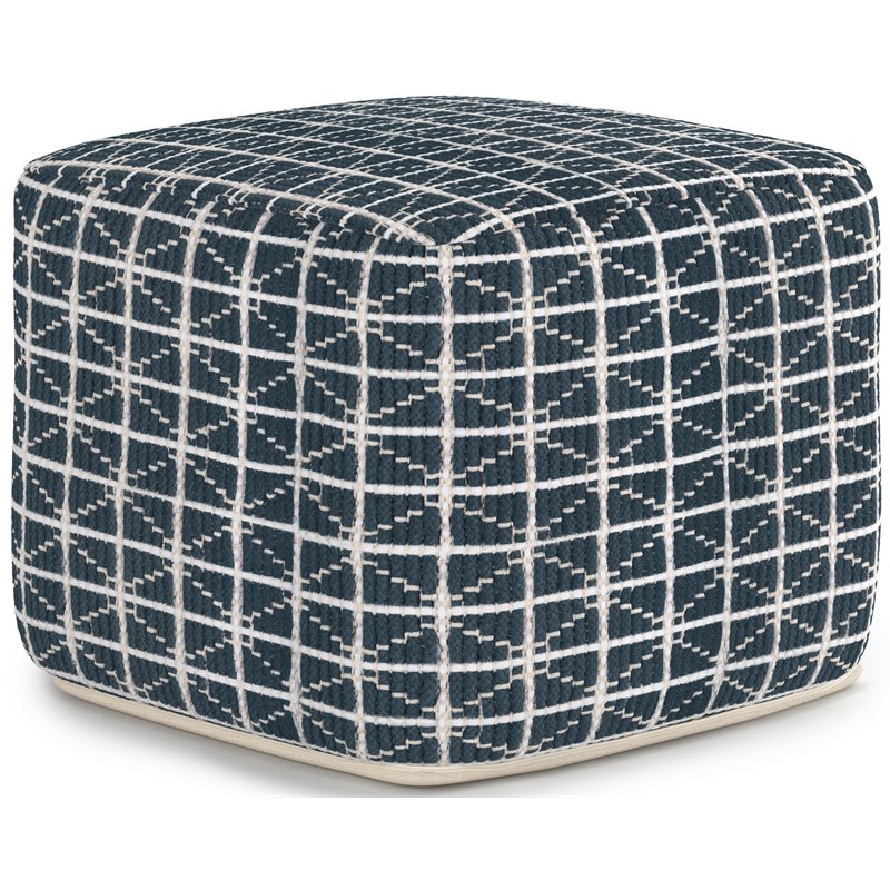 Pemberly Row Boho Square Pouf in Dark Blue and White Handloom Woven Pattern