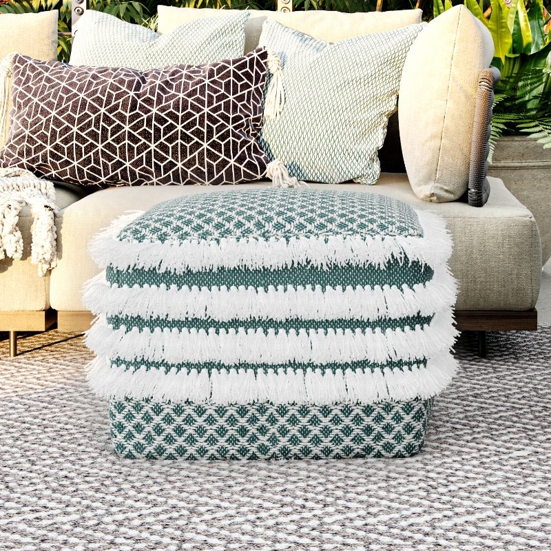 Pemberly Row Contemporary Boho Square Woven Pouf in Turquoise and White