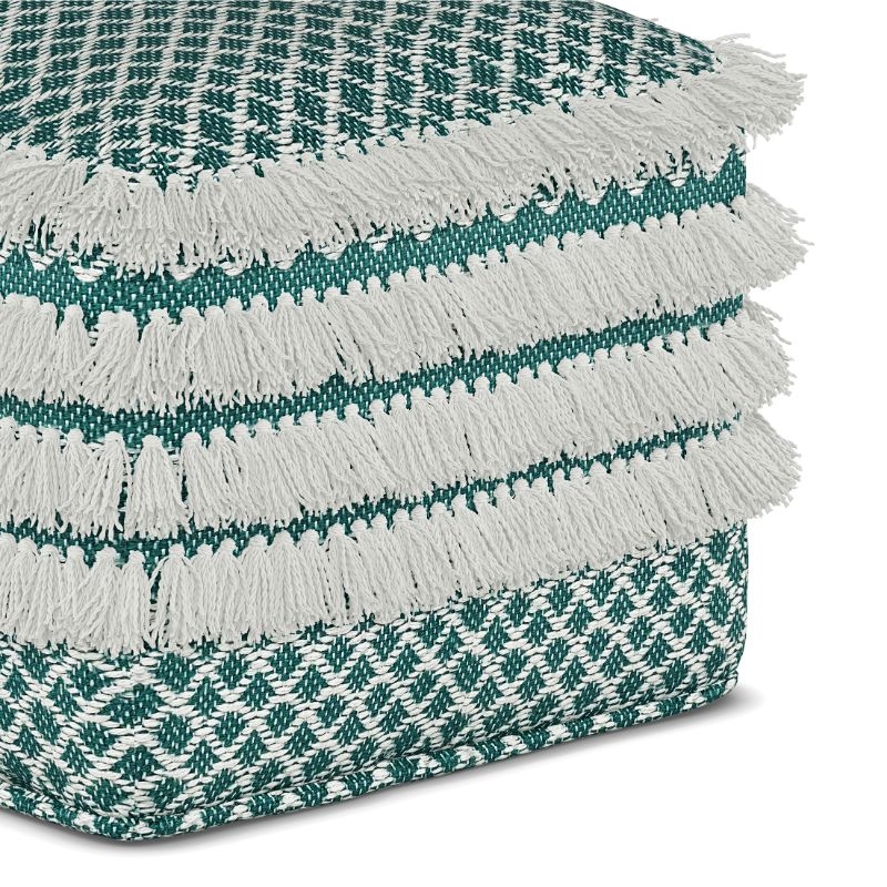 Pemberly Row Contemporary Boho Square Woven Pouf in Turquoise and White