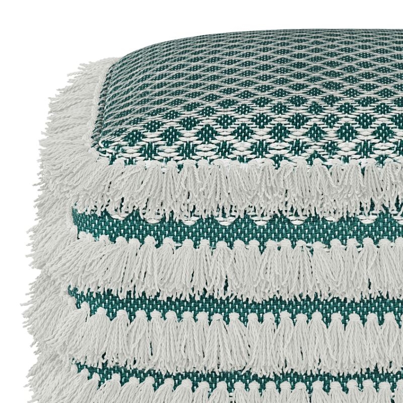 Pemberly Row Contemporary Boho Square Woven Pouf in Turquoise and White