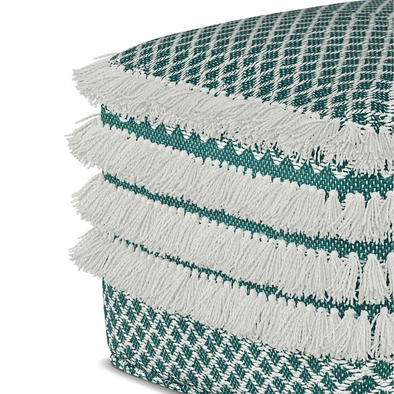 Pemberly Row Contemporary Boho Square Woven Pouf in Turquoise and White