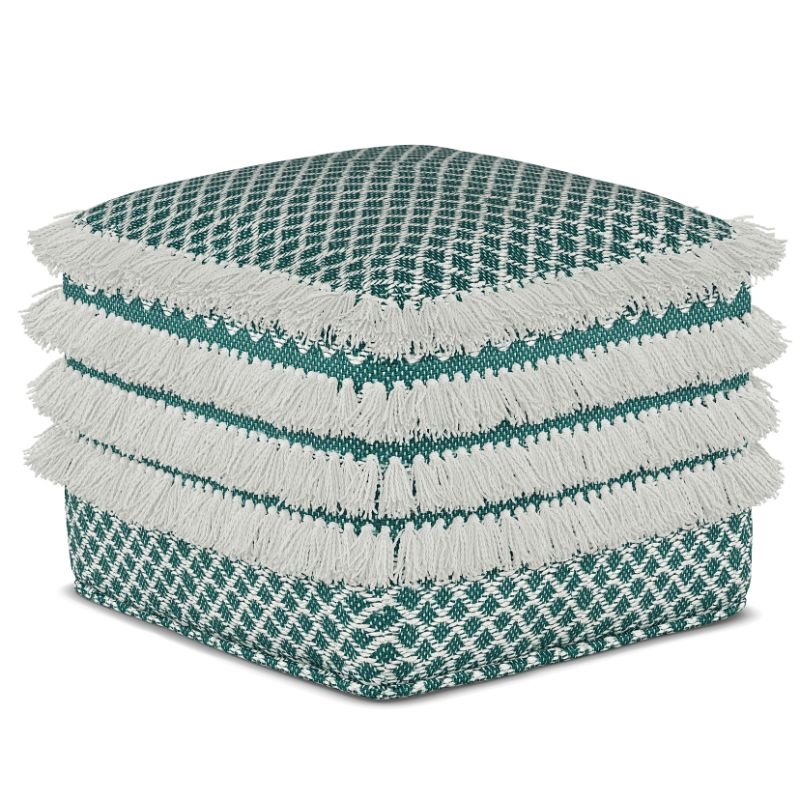 Pemberly Row Contemporary Boho Square Woven Pouf in Turquoise and White
