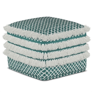 Pemberly Row Contemporary Boho Square Woven Pouf in Turquoise and White