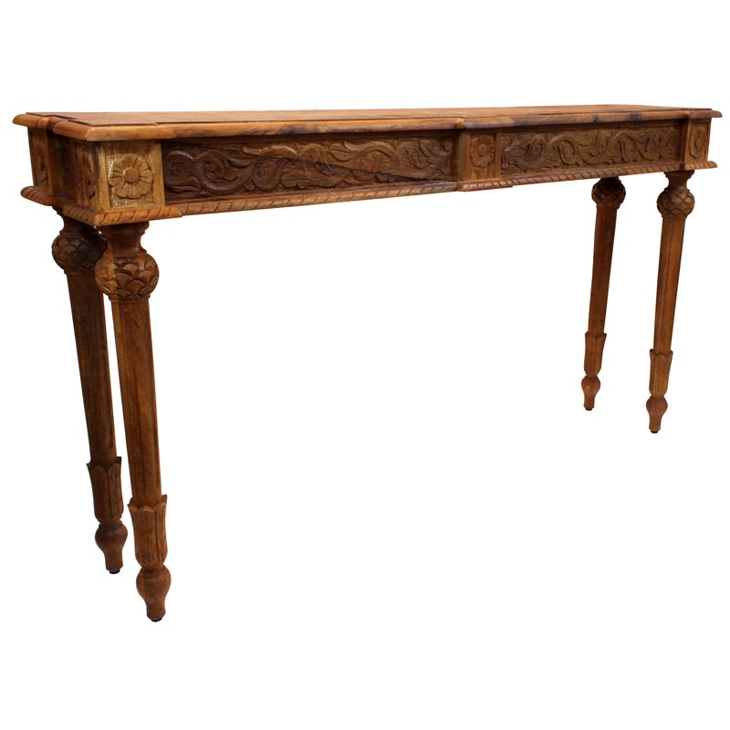 Pemberly Row Solid Wood Hand-Carved Console Table in Natural