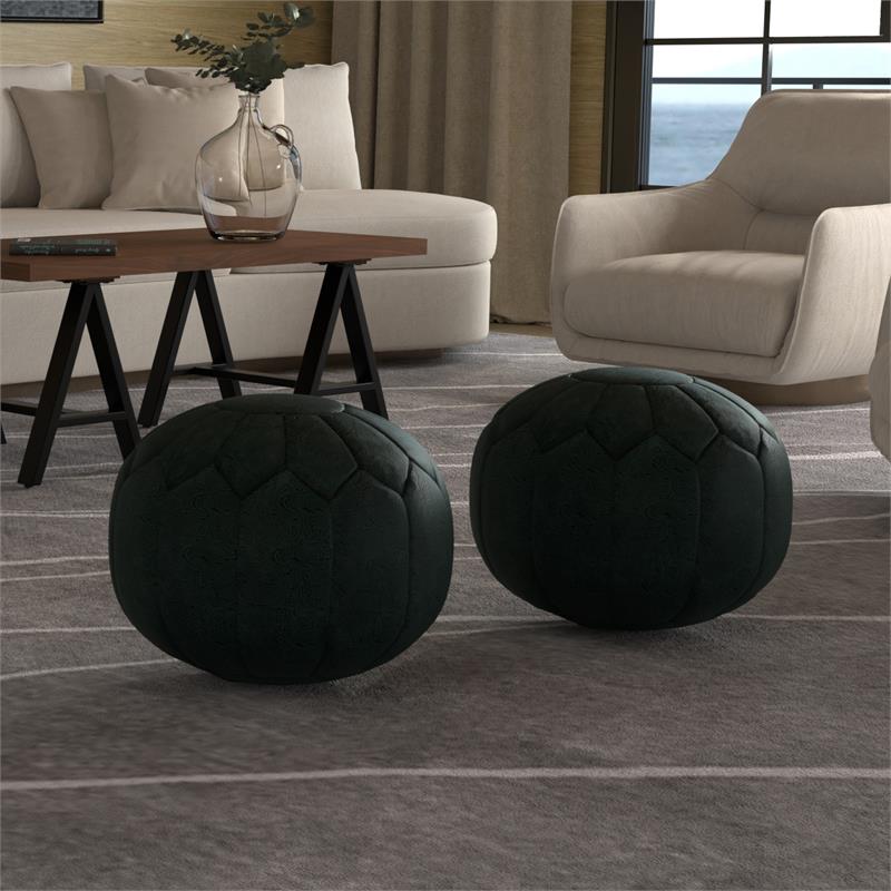 Pemberly Row Boho Round Pouf in Teal Patterened Genuine Leather