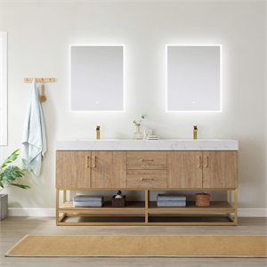 Pemberly Row 72&quot White Grain Stone Top Vanity in Oak w/o Mirror