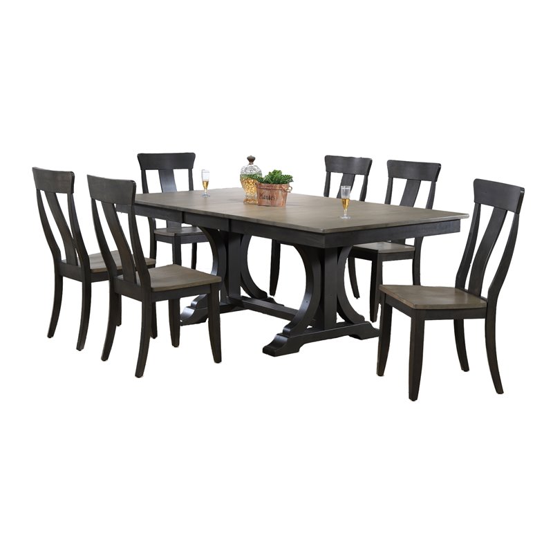 Pemberly Row Contemporary 7-Pc Panel Wood Dining Set in Gray/Black Stone
