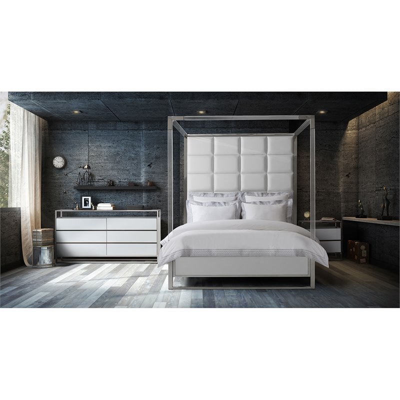 Pemberly Row Contemporary Engineered Wood Cal. King Canopy Bed in Off White