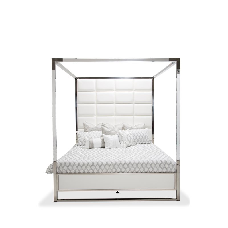 Pemberly Row Contemporary Engineered Wood Cal. King Canopy Bed in Off White