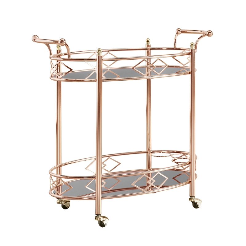 Pemberly Row Contemporary Metal & Glass Bar Cart Rose Gold/Black