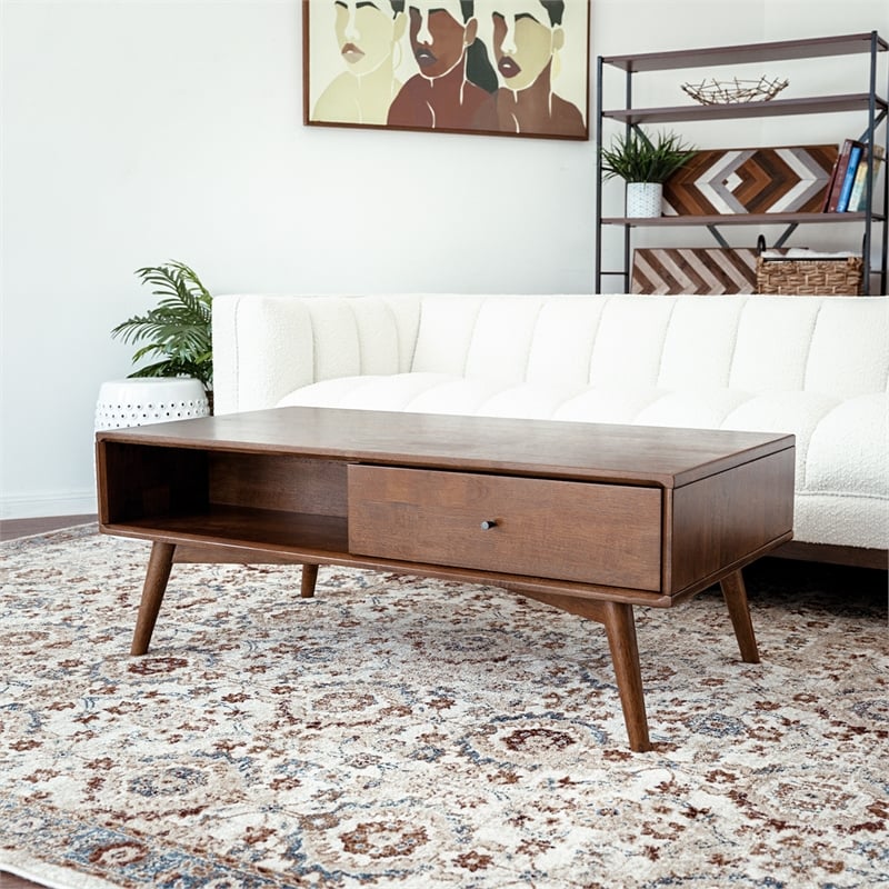 Pemberly Row Mid-Century Rectangular Solid Wood Coffee Table in Walnut