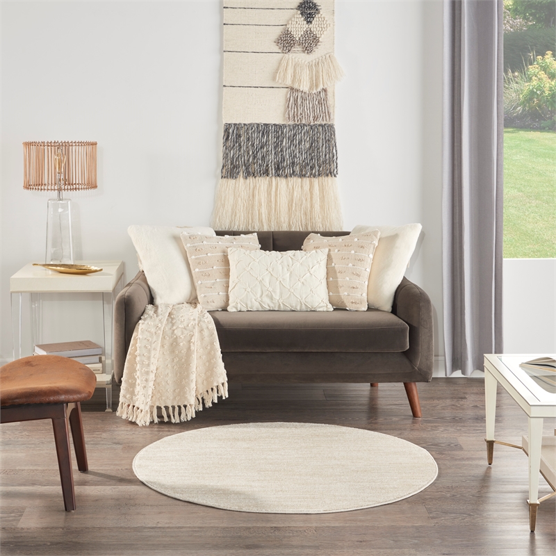 Pemberly Row 4' x Round Ivory Beige Fabric Outdoor Area Rug (4' Round)