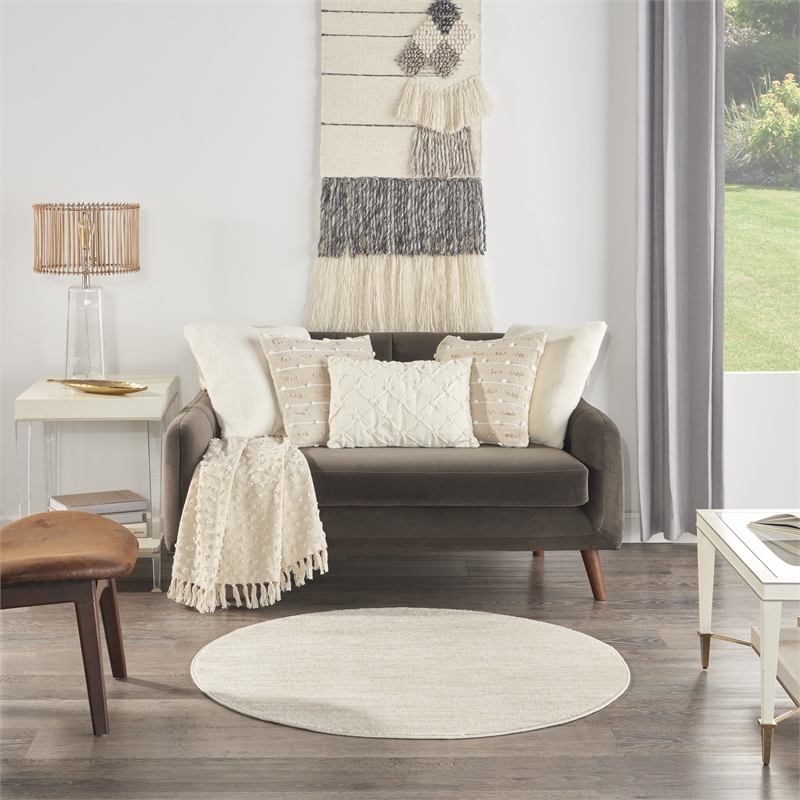 Pemberly Row 4' x Round Ivory Beige Fabric Outdoor Area Rug (4' Round)