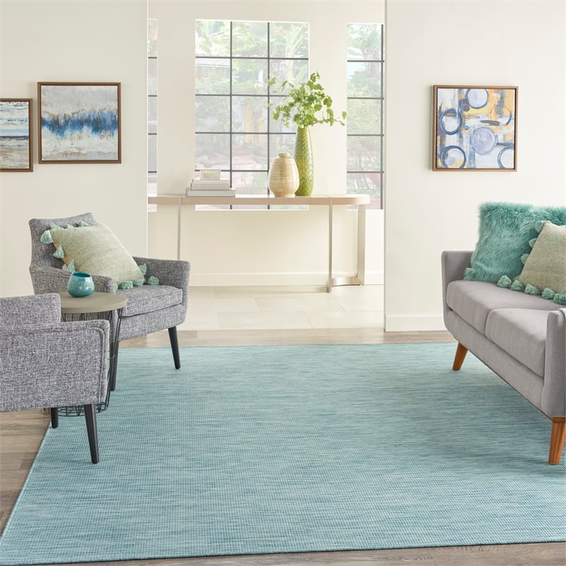 Pemberly Row Contemporary Fabric 9' x 12' Aqua Indoor/Outdoor Rug