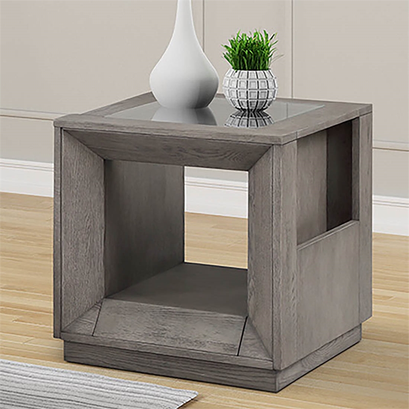 Pemberly Row Contemporary Oak Veneer End Table in Moonstone Finish
