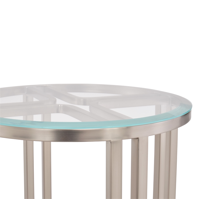 Pemberly Row Stainless Steel & Glass Chairside Table in Silver Mist