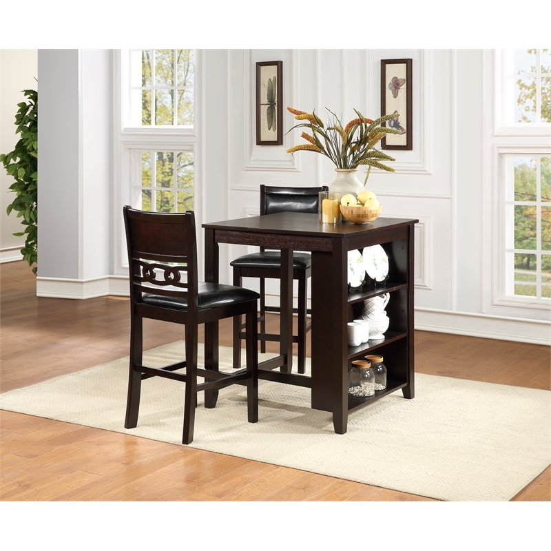 Pemberly Row Solid Wood Counter Table W/2 Chairs in Ebony Black