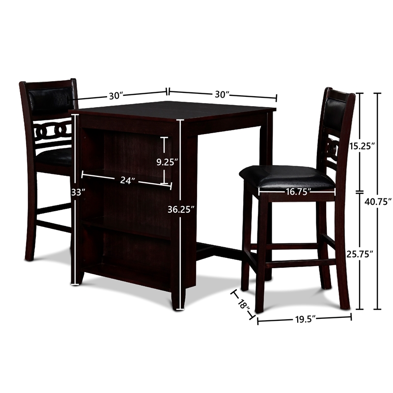 Pemberly Row Solid Wood Counter Table W/2 Chairs in Ebony Black