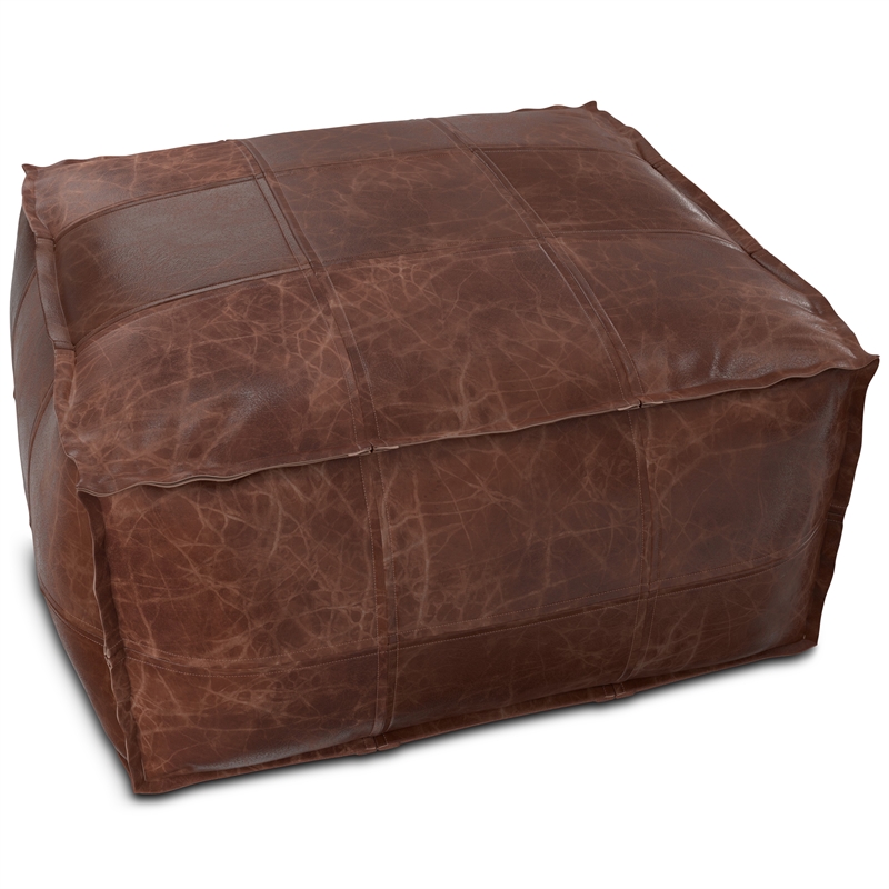 Pemberly Row Upholstered Square Genuine Leather Pouf in Dark Brown