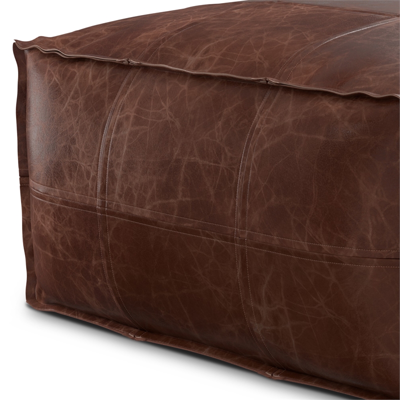 Pemberly Row Upholstered Square Genuine Leather Pouf in Dark Brown