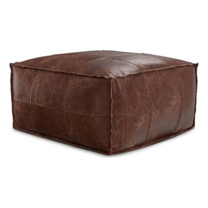 Pemberly Row Upholstered Square Genuine Leather Pouf in Dark Brown