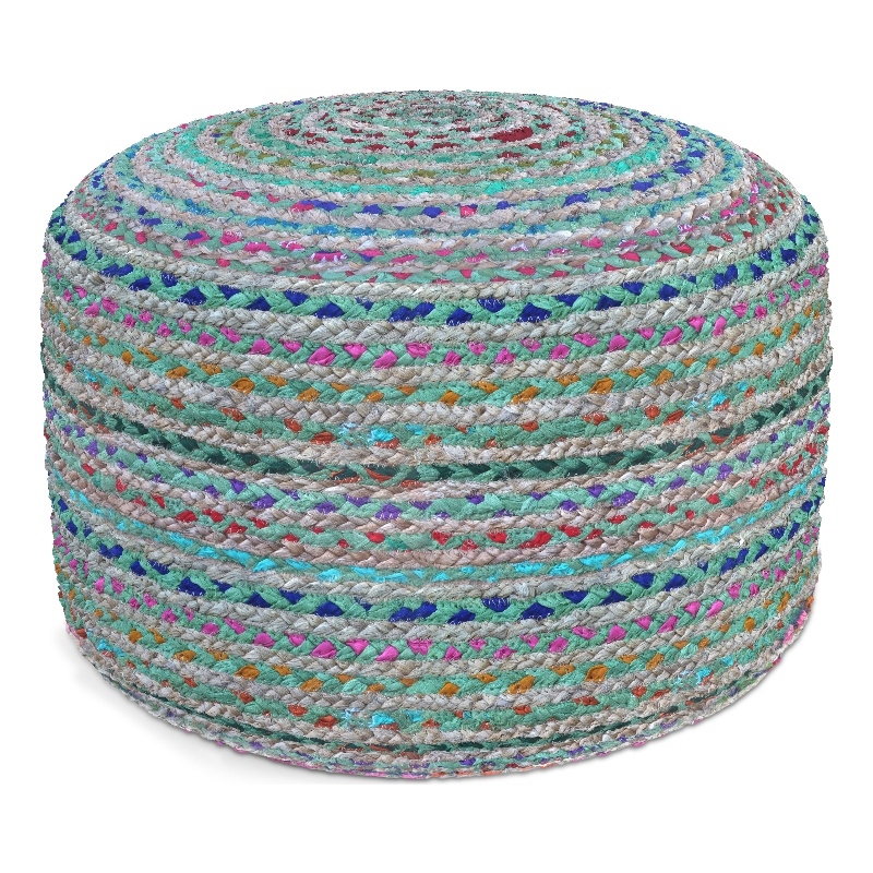 Pemberly Row Contemporary Boho Round Pouf in Green Braided Jute