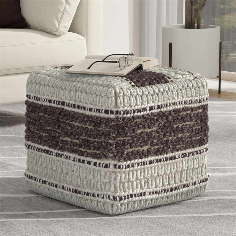 Pemberly Row Contemporary Square Pouf in Magenta and Natural Handloom Woven