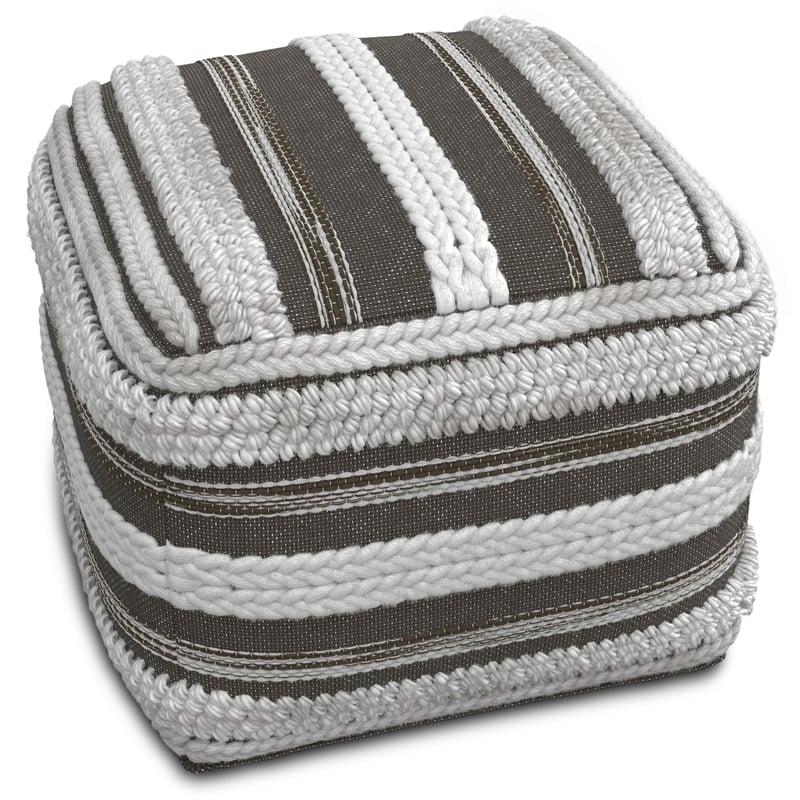 Pemberly Row Boho Square Pouf in Natural and Taupe Gray Handloom Woven Pattern