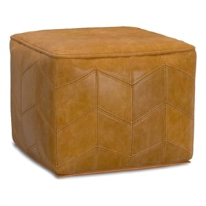 Pemberly Row Contemporary Square Pouf in Brown Genuine Leather