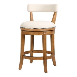 Pemberly Row 26in. Counter-Height Bar Stool-Pecan Finish with Linen Fabric Seat