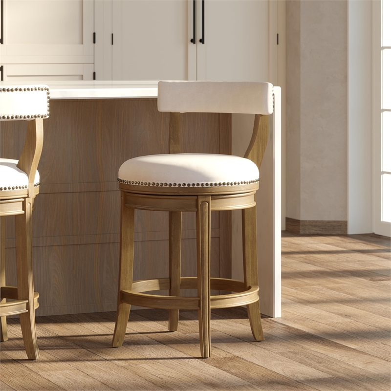 Pemberly Row 26in. Counter-Height Bar Stool-Pecan Finish with Linen Fabric Seat