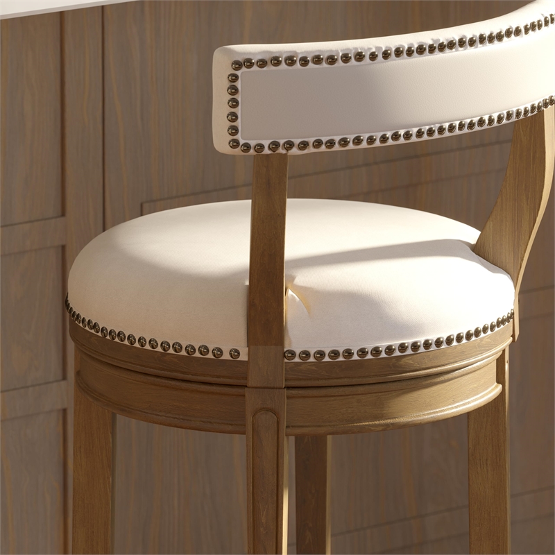 Pemberly Row 26in. Counter-Height Bar Stool-Pecan Finish with Linen Fabric Seat