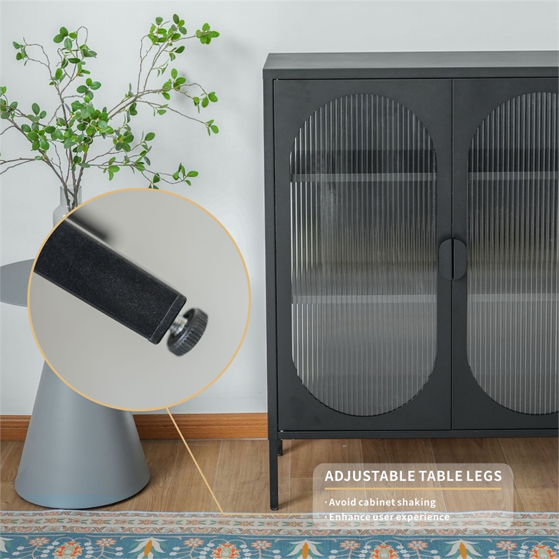 Pemberly Row Short 2-Door 3 Shelf Steel Accent Cabinet with Fluted Glass-Black