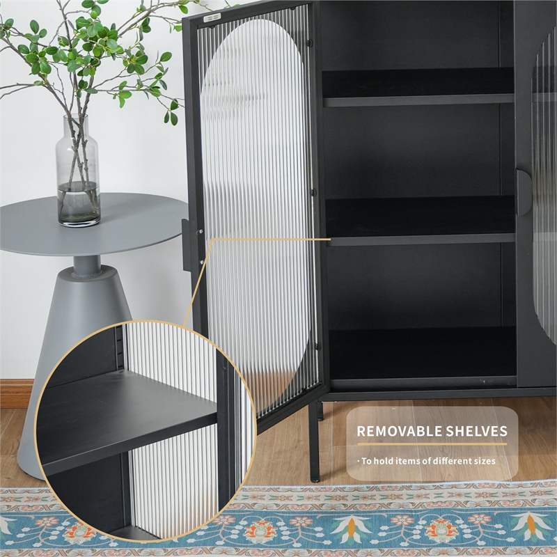 Pemberly Row Short 2-Door 3 Shelf Steel Accent Cabinet with Fluted Glass-Black