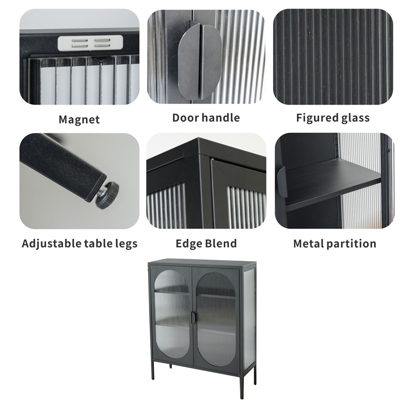 Pemberly Row Short 2-Door 3 Shelf Steel Accent Cabinet with Fluted Glass-Black