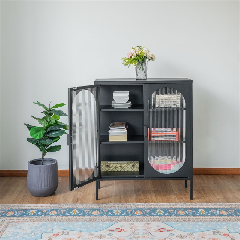 Pemberly Row Short 2-Door 3 Shelf Steel Accent Cabinet with Fluted Glass-Black