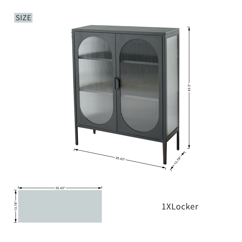 Pemberly Row Short 2-Door 3 Shelf Steel Accent Cabinet with Fluted Glass-Black