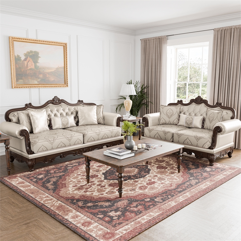 Pemberly Row Contemporary Fabric and Wood 2-Piece Sofa Set in Beige