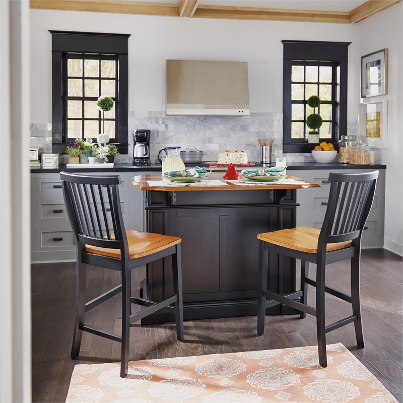 Pemberly Row Traditional Wood Kitchen Island Set in Black Finish
