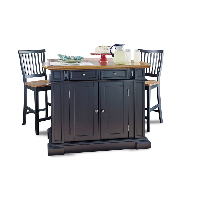 Pemberly Row Traditional Wood Kitchen Island Set in Black Finish