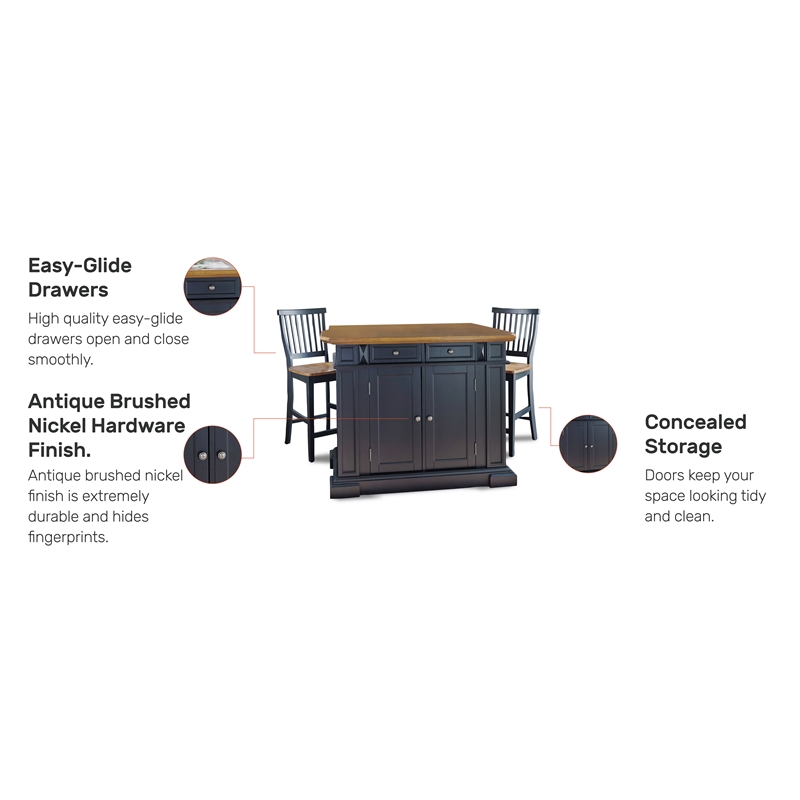 Pemberly Row Traditional Wood Kitchen Island Set in Black Finish