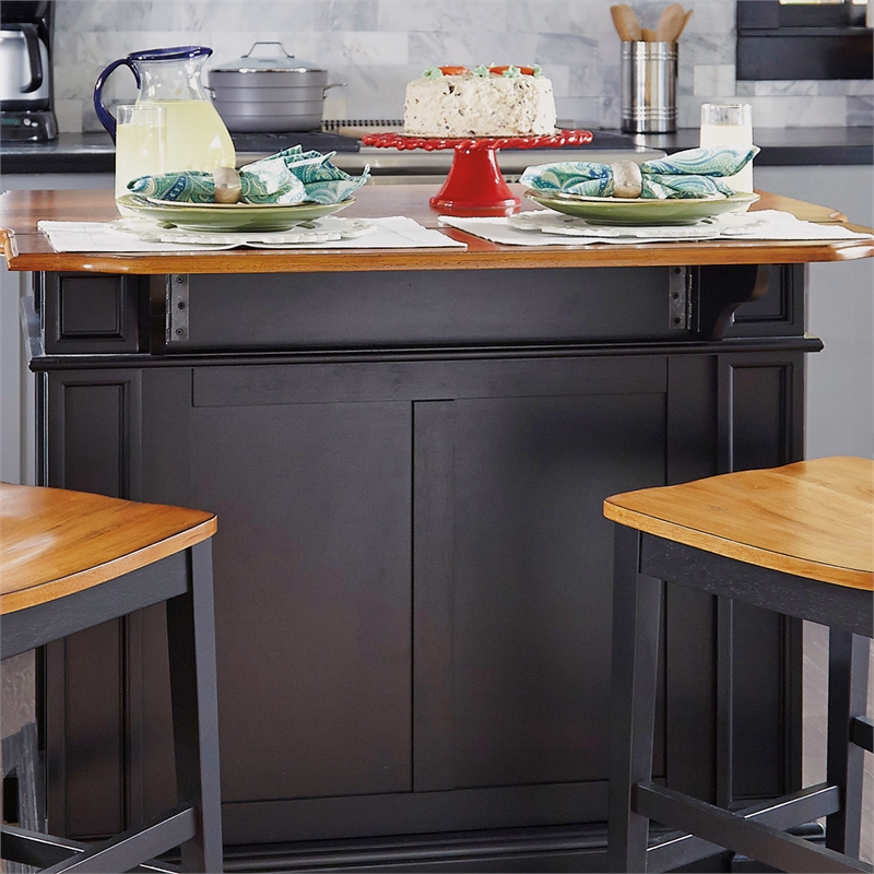 Pemberly Row Traditional Wood Kitchen Island Set in Black Finish