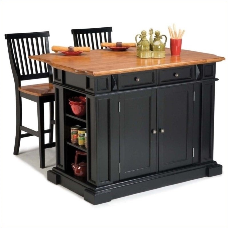 Pemberly Row Traditional Wood Kitchen Island Set in Black Finish