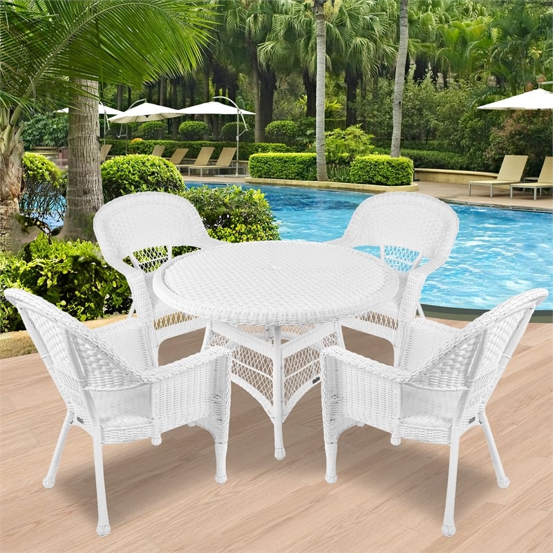 Pemberly Row 5 Piece Resin Wicker Outdoor Patio Dining Set in White